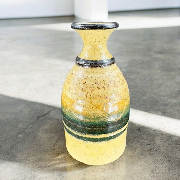 Studio Art Pottery Vase Bottle Shaped Vessel Hand Made Yellow Glazed Carved VTG - Picture 3 of 13